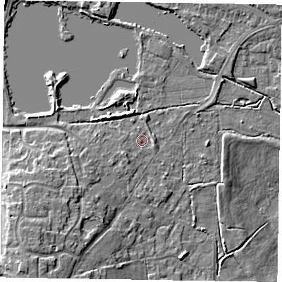 Shaded relief map of the ground around GU99LJ, computed from Environment Agency LiDAR. The ground here sits at about 74 m above sea level and falls 12 m across the surrounding 800 m. Surface water reaching this point runs off ground lying to the south-west, 2.0 m higher.