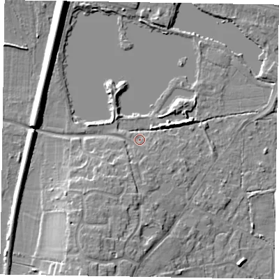 Shaded relief map of the ground around GU99LQ, computed from Environment Agency LiDAR. The ground here sits at about 74 m above sea level and falls 10 m across the surrounding 800 m. Surface water reaching this point runs off ground lying to the south-south-west, 4.8 m higher.
