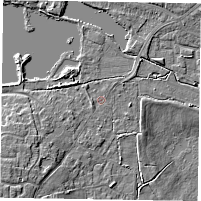 Shaded relief map of the ground around GU99LS, computed from Environment Agency LiDAR. The ground here sits at about 74 m above sea level and falls 12 m across the surrounding 800 m. Surface water reaching this point runs off ground lying to the south-west, 7.8 m higher.