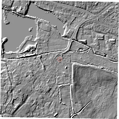 Shaded relief map of the ground around GU99NB, computed from Environment Agency LiDAR. The ground here sits at about 74 m above sea level and falls 11 m across the surrounding 800 m. Surface water reaching this point runs off ground lying to the south-west, 7.2 m higher.