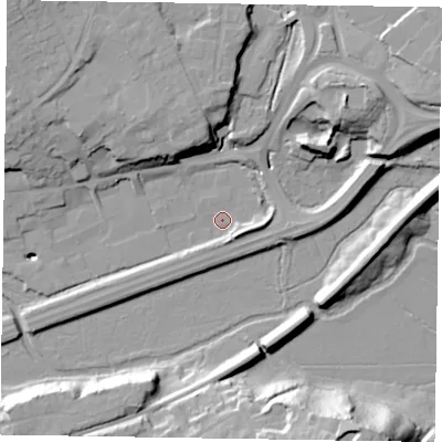 Shaded relief map of the ground around GU99PS, computed from Environment Agency LiDAR. The ground here sits at about 62 m above sea level and falls 31 m across the surrounding 800 m. Surface water reaching this point runs off ground lying to the north-east, 15.9 m higher.