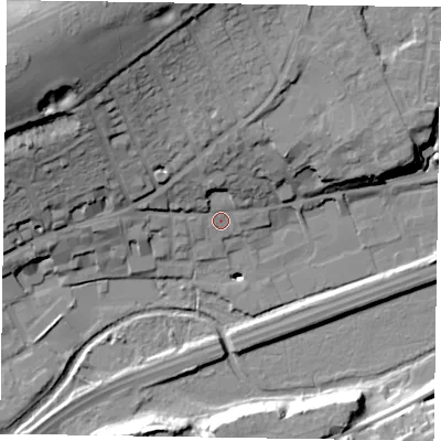 Shaded relief map of the ground around GU99QB, computed from Environment Agency LiDAR. The ground here sits at about 66 m above sea level and falls 41 m across the surrounding 800 m. Surface water reaching this point runs off ground lying to the north-north-west, 27.1 m higher.