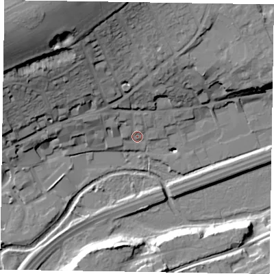 Shaded relief map of the ground around GU99QD, computed from Environment Agency LiDAR. The ground here sits at about 65 m above sea level and falls 41 m across the surrounding 800 m. Surface water reaching this point runs off ground lying to the north-west, 35.4 m higher.