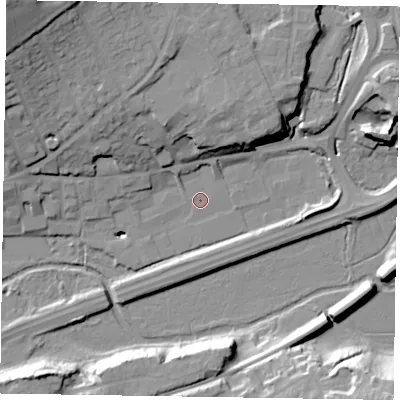 Shaded relief map of the ground around GU99QJ, computed from Environment Agency LiDAR. The ground here sits at about 63 m above sea level and falls 35 m across the surrounding 800 m. Surface water reaching this point runs off ground lying to the north, 14.2 m higher.