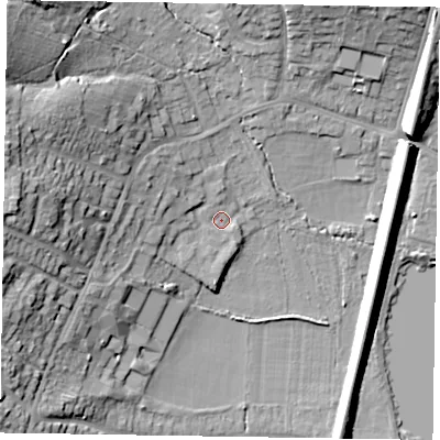 Shaded relief map of the ground around GU99TE, computed from Environment Agency LiDAR. The ground here sits at about 78 m above sea level and falls 25 m across the surrounding 800 m. Surface water reaching this point runs off ground lying to the west-north-west, 18.3 m higher.