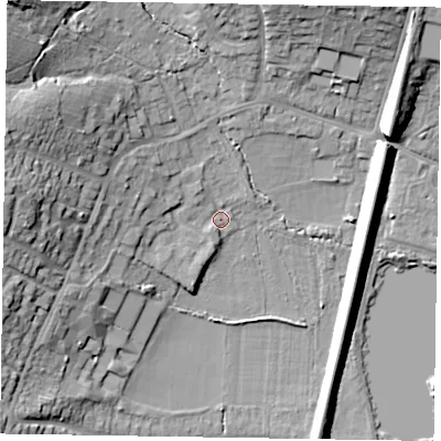 Shaded relief map of the ground around GU99TG, computed from Environment Agency LiDAR. The ground here sits at about 77 m above sea level and falls 24 m across the surrounding 800 m. Surface water reaching this point runs off ground lying to the north-west, 19.9 m higher.
