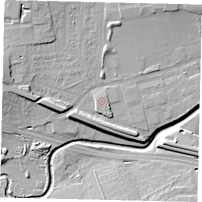 Shaded relief map of the ground around HA01DX, computed from Environment Agency LiDAR. The ground here sits at about 26 m above sea level and falls 14 m across the surrounding 800 m. The ground contributing surface water to this point lies to the south-east.