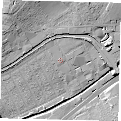 Shaded relief map of the ground around HA01HX, computed from Environment Agency LiDAR. The ground here sits at about 28 m above sea level and falls 24 m across the surrounding 800 m. Surface water reaching this point runs off ground lying to the north-west, 1.4 m higher.
