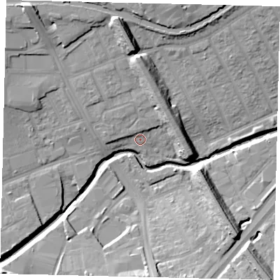 Shaded relief map of the ground around HA01JF, computed from Environment Agency LiDAR. The ground here sits at about 23 m above sea level and falls 18 m across the surrounding 800 m. Surface water reaching this point runs off ground lying to the north-west, 2.8 m higher.