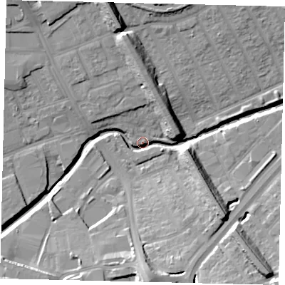 Shaded relief map of the ground around HA01JG, computed from Environment Agency LiDAR. The ground here sits at about 22 m above sea level and falls 18 m across the surrounding 800 m. Surface water reaching this point runs off ground lying to the north-north-west, 17.1 m higher.