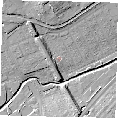 Shaded relief map of the ground around HA01LJ, computed from Environment Agency LiDAR. The ground here sits at about 25 m above sea level and falls 20 m across the surrounding 800 m. Surface water reaching this point runs off ground lying to the north-west, 8.1 m higher.