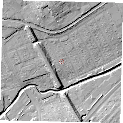 Shaded relief map of the ground around HA01LL, computed from Environment Agency LiDAR. The ground here sits at about 25 m above sea level and falls 20 m across the surrounding 800 m. Surface water reaching this point runs off ground lying to the north-west, 7.8 m higher.