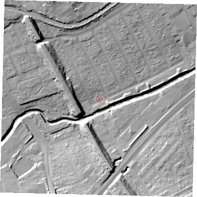 Shaded relief map of the ground around HA01LN, computed from Environment Agency LiDAR. The ground here sits at about 22 m above sea level and falls 18 m across the surrounding 800 m. Surface water reaching this point runs off ground lying to the north-west, 11.3 m higher.