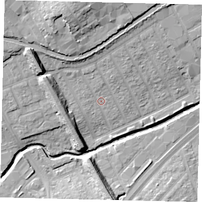 Shaded relief map of the ground around HA01LP, computed from Environment Agency LiDAR. The ground here sits at about 25 m above sea level and falls 20 m across the surrounding 800 m. Surface water reaching this point runs off ground lying to the north-north-west, 5.4 m higher.
