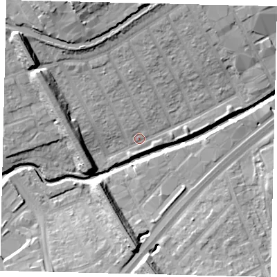 Shaded relief map of the ground around HA01LR, computed from Environment Agency LiDAR. The ground here sits at about 24 m above sea level and falls 18 m across the surrounding 800 m. Surface water reaching this point runs off ground lying to the north-north-west, 7.5 m higher.