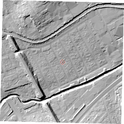 Shaded relief map of the ground around HA01LT, computed from Environment Agency LiDAR. The ground here sits at about 26 m above sea level and falls 21 m across the surrounding 800 m. Surface water reaching this point runs off ground lying to the north-north-west, 5.0 m higher.