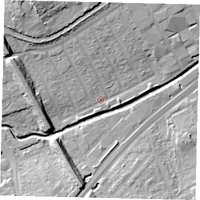 Shaded relief map of the ground around HA01LU, computed from Environment Agency LiDAR. The ground here sits at about 24 m above sea level and falls 19 m across the surrounding 800 m. Surface water reaching this point runs off ground lying to the north-north-west, 2.4 m higher.