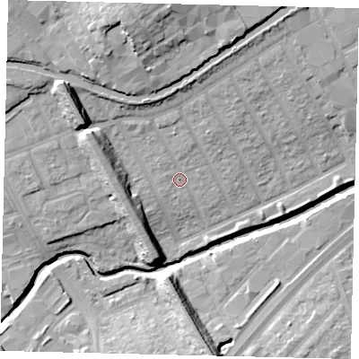 Shaded relief map of the ground around HA01LW, computed from Environment Agency LiDAR. The ground here sits at about 25 m above sea level and falls 20 m across the surrounding 800 m. Surface water reaching this point runs off ground lying to the north-north-west, 5.4 m higher.