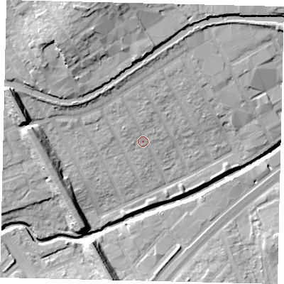 Shaded relief map of the ground around HA01LX, computed from Environment Agency LiDAR. The ground here sits at about 26 m above sea level and falls 21 m across the surrounding 800 m. Surface water reaching this point runs off ground lying to the north-north-west, 4.9 m higher.