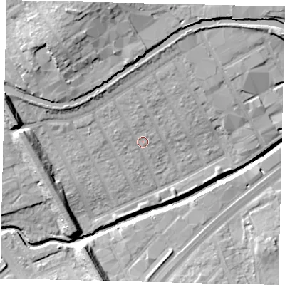 Shaded relief map of the ground around HA01LY, computed from Environment Agency LiDAR. The ground here sits at about 26 m above sea level and falls 21 m across the surrounding 800 m. Surface water reaching this point runs off ground lying to the north-north-west, 4.9 m higher.