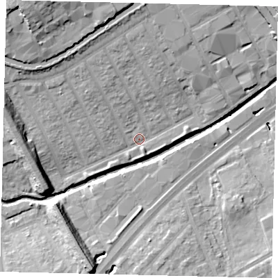 Shaded relief map of the ground around HA01LZ, computed from Environment Agency LiDAR. The ground here sits at about 24 m above sea level and falls 20 m across the surrounding 800 m. Surface water reaching this point runs off ground lying to the north-north-west, 7.1 m higher.