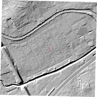 Shaded relief map of the ground around HA01NA, computed from Environment Agency LiDAR. The ground here sits at about 26 m above sea level and falls 21 m across the surrounding 800 m. Surface water reaching this point runs off ground lying to the north-north-west, 4.7 m higher.