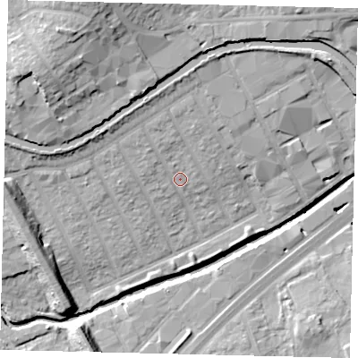 Shaded relief map of the ground around HA01NB, computed from Environment Agency LiDAR. The ground here sits at about 26 m above sea level and falls 22 m across the surrounding 800 m. Surface water reaching this point runs off ground lying to the north-north-west, 4.6 m higher.