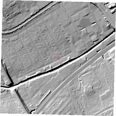Shaded relief map of the ground around HA01ND, computed from Environment Agency LiDAR. The ground here sits at about 24 m above sea level and falls 19 m across the surrounding 800 m. Surface water reaching this point runs off ground lying to the north-west, 7.1 m higher.
