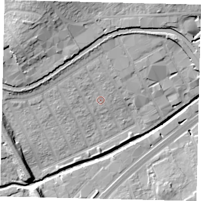 Shaded relief map of the ground around HA01NE, computed from Environment Agency LiDAR. The ground here sits at about 27 m above sea level and falls 23 m across the surrounding 800 m. Surface water reaching this point runs off ground lying to the north, 4.3 m higher.