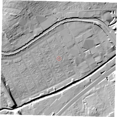 Shaded relief map of the ground around HA01NF, computed from Environment Agency LiDAR. The ground here sits at about 27 m above sea level and falls 23 m across the surrounding 800 m. Surface water reaching this point runs off ground lying to the north, 4.4 m higher.