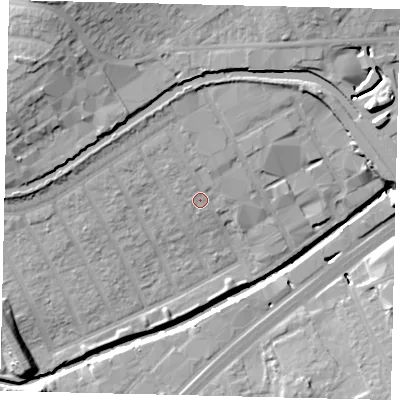 Shaded relief map of the ground around HA01NG, computed from Environment Agency LiDAR. The ground here sits at about 27 m above sea level and falls 24 m across the surrounding 800 m. Surface water reaching this point runs off ground lying to the north-north-west, 2.5 m higher.