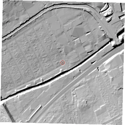 Shaded relief map of the ground around HA01NH, computed from Environment Agency LiDAR. The ground here sits at about 24 m above sea level and falls 20 m across the surrounding 800 m. Surface water reaching this point runs off ground lying to the north-north-west, 7.3 m higher.