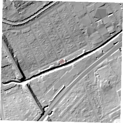 Shaded relief map of the ground around HA01NL, computed from Environment Agency LiDAR. The ground here sits at about 24 m above sea level and falls 19 m across the surrounding 800 m. Surface water reaching this point runs off ground lying to the north-north-west, 7.1 m higher.