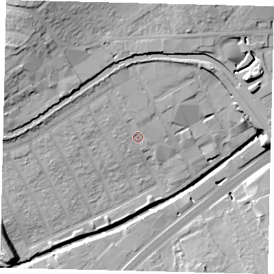 Shaded relief map of the ground around HA01NQ, computed from Environment Agency LiDAR. The ground here sits at about 26 m above sea level and falls 24 m across the surrounding 800 m. Surface water reaching this point runs off ground lying to the north-north-west, 3.1 m higher.
