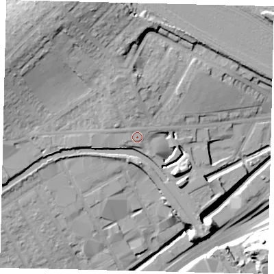 Shaded relief map of the ground around HA01PR, computed from Environment Agency LiDAR. The ground here sits at about 33 m above sea level and falls 31 m across the surrounding 800 m. Surface water reaching this point runs off ground lying to the north-west, 1.3 m higher.