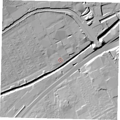 Shaded relief map of the ground around HA01QG, computed from Environment Agency LiDAR. The ground here sits at about 24 m above sea level and falls 18 m across the surrounding 800 m. Surface water reaching this point runs off ground lying to the north-north-west, 2.9 m higher.