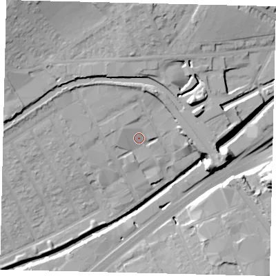 Shaded relief map of the ground around HA01TW, computed from Environment Agency LiDAR. The ground here sits at about 26 m above sea level and falls 23 m across the surrounding 800 m. Surface water reaching this point runs off ground lying to the north-west, 2.7 m higher.