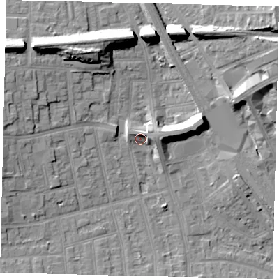 Shaded relief map of the ground around HA02DJ, computed from Environment Agency LiDAR. The ground here sits at about 37 m above sea level and falls 20 m across the surrounding 800 m. Surface water reaching this point runs off ground lying to the north-north-east, 4.0 m higher.