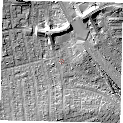 Shaded relief map of the ground around HA04AE, computed from Environment Agency LiDAR. The ground here sits at about 35 m above sea level and falls 18 m across the surrounding 800 m. Surface water reaching this point runs off ground lying to the north-west, 11.0 m higher.