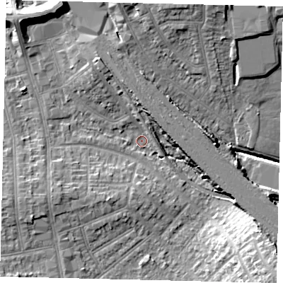 Shaded relief map of the ground around HA04AN, computed from Environment Agency LiDAR. The ground here sits at about 33 m above sea level and falls 17 m across the surrounding 800 m. Surface water reaching this point runs off ground lying to the north-north-west, 13.3 m higher.