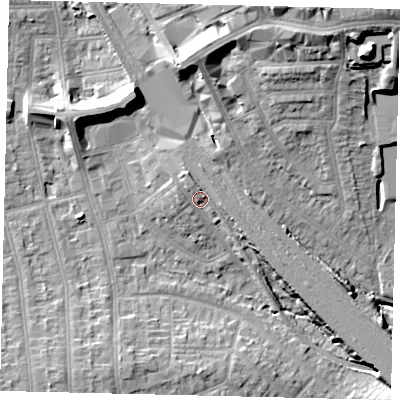 Shaded relief map of the ground around HA04AR, computed from Environment Agency LiDAR. The ground here sits at about 38 m above sea level and falls 22 m across the surrounding 800 m. Surface water reaching this point runs off ground lying to the north-north-west, 1.8 m higher.