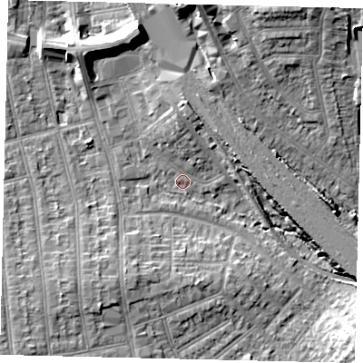 Shaded relief map of the ground around HA04AT, computed from Environment Agency LiDAR. The ground here sits at about 34 m above sea level and falls 14 m across the surrounding 800 m. Surface water reaching this point runs off ground lying to the north, 4.4 m higher.