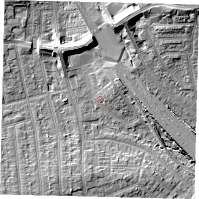 Shaded relief map of the ground around HA04AU, computed from Environment Agency LiDAR. The ground here sits at about 36 m above sea level and falls 19 m across the surrounding 800 m. Surface water reaching this point runs off ground lying to the north-east, 3.4 m higher.