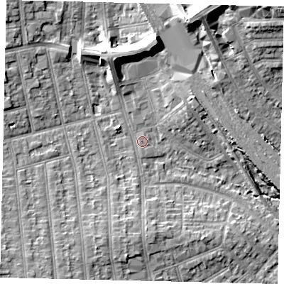 Shaded relief map of the ground around HA04AY, computed from Environment Agency LiDAR. The ground here sits at about 35 m above sea level and falls 15 m across the surrounding 800 m. The ground contributing surface water to this point lies to the south-west.
