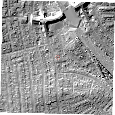Shaded relief map of the ground around HA04AZ, computed from Environment Agency LiDAR. The ground here sits at about 35 m above sea level and falls 15 m across the surrounding 800 m. Surface water reaching this point runs off ground lying to the south-west, 0.8 m higher.