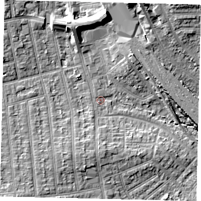 Shaded relief map of the ground around HA04BA, computed from Environment Agency LiDAR. The ground here sits at about 35 m above sea level and falls 13 m across the surrounding 800 m. Surface water reaching this point runs off ground lying to the south-south-west, 5.2 m higher.