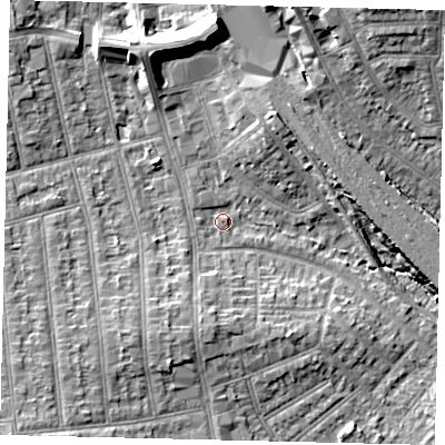 Shaded relief map of the ground around HA04DB, computed from Environment Agency LiDAR. The ground here sits at about 35 m above sea level and falls 13 m across the surrounding 800 m. Surface water reaching this point runs off ground lying to the south-south-west, 5.4 m higher.