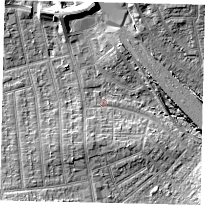 Shaded relief map of the ground around HA04DN, computed from Environment Agency LiDAR. The ground here sits at about 35 m above sea level and falls 13 m across the surrounding 800 m. Surface water reaching this point runs off ground lying to the south-south-west, 4.6 m higher.