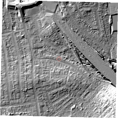 Shaded relief map of the ground around HA04DR, computed from Environment Agency LiDAR. The ground here sits at about 34 m above sea level and falls 15 m across the surrounding 800 m. Surface water reaching this point runs off ground lying to the south-west, 5.6 m higher.