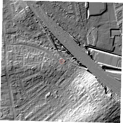 Shaded relief map of the ground around HA04DX, computed from Environment Agency LiDAR. The ground here sits at about 34 m above sea level and falls 19 m across the surrounding 800 m. Surface water reaching this point runs off ground lying to the south-east, 16.2 m higher.